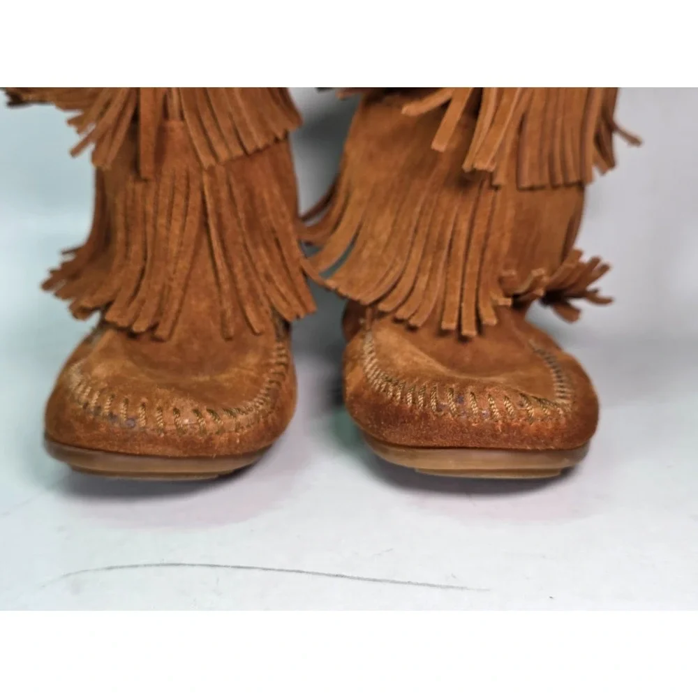 Minnetonka Three Layer Fringe Boots Girls Size 1 Brown Suede Mid Calf Western